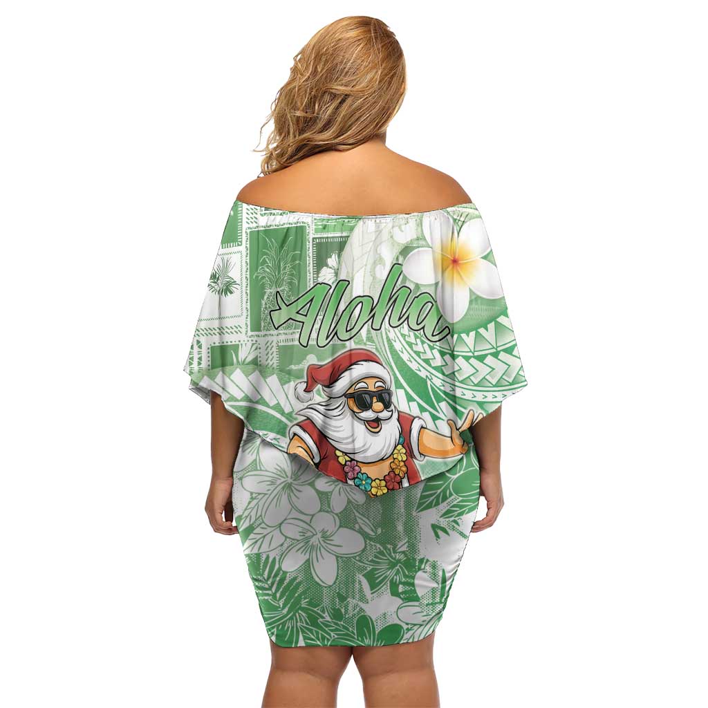 Hawaii Mele Kalikimaka Family Matching Off Shoulder Short Dress and Hawaiian Shirt Hula Santa Retro Style Green - Polynesian Pride