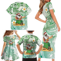Hawaii Mele Kalikimaka Family Matching Short Sleeve Bodycon Dress and Hawaiian Shirt Hula Santa Retro Style Green - Polynesian Pride