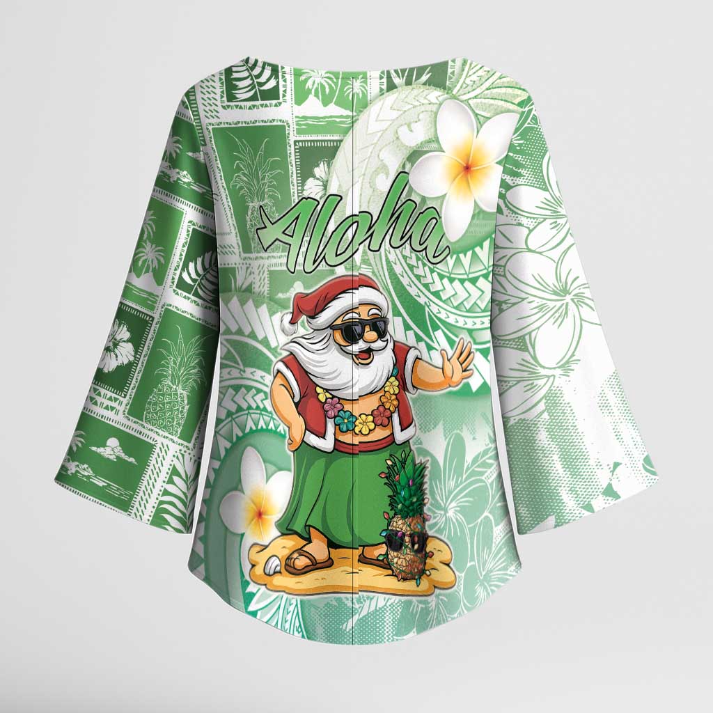 Hawaii Mele Kalikimaka Kimono Sleeve Blouse Hula Santa Retro Style Green - Polynesian Pride
