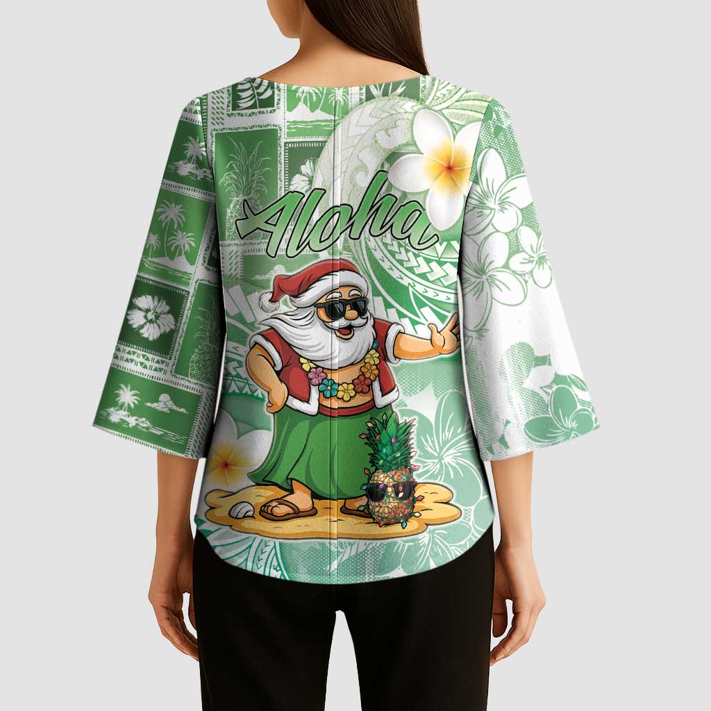 Hawaii Mele Kalikimaka Kimono Sleeve Blouse Hula Santa Retro Style Green - Polynesian Pride