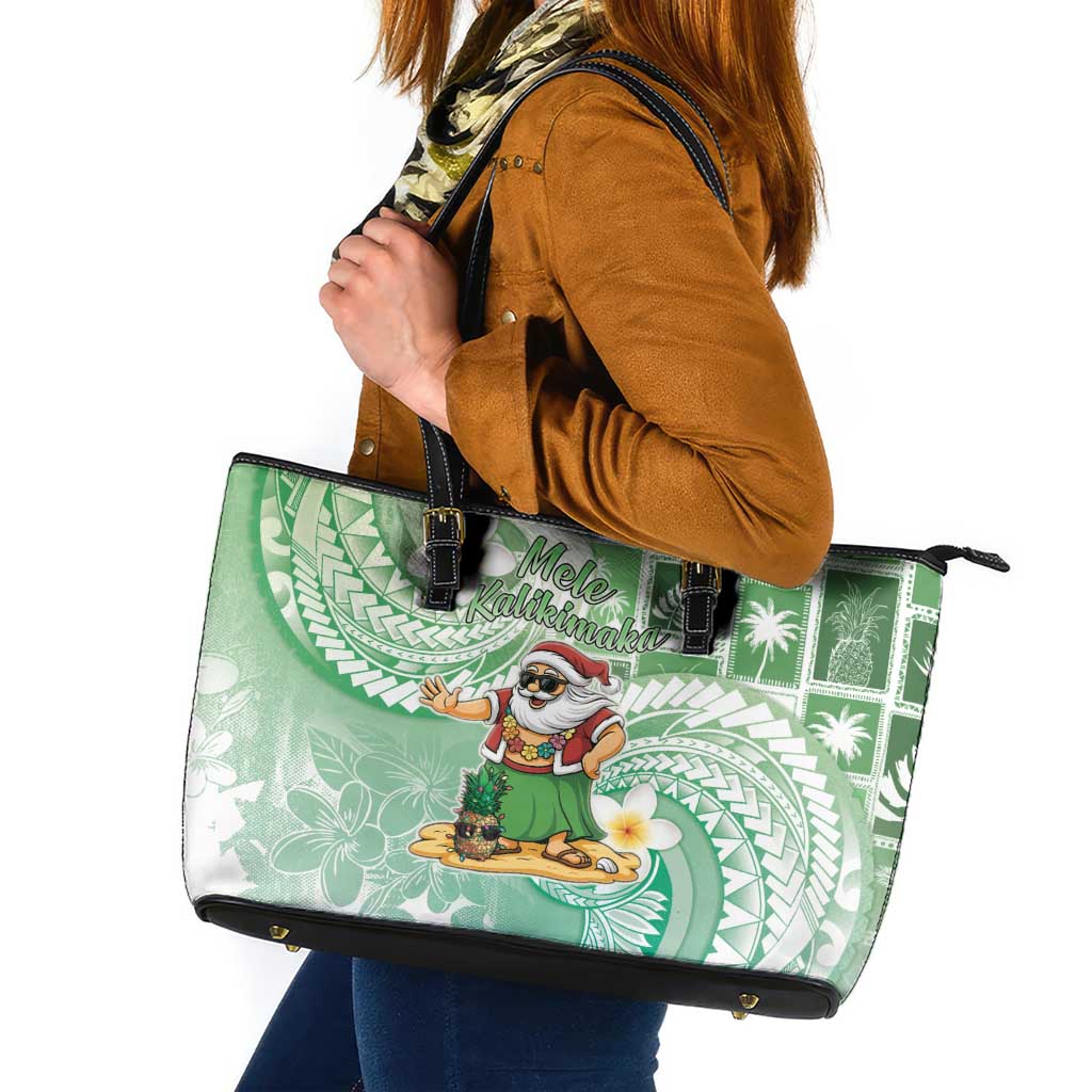 Hawaii Mele Kalikimaka Leather Tote Bag Hula Santa Retro Style Green - Polynesian Pride