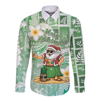 Hawaii Mele Kalikimaka Long Sleeve Button Shirt Hula Santa Retro Style Green - Polynesian Pride