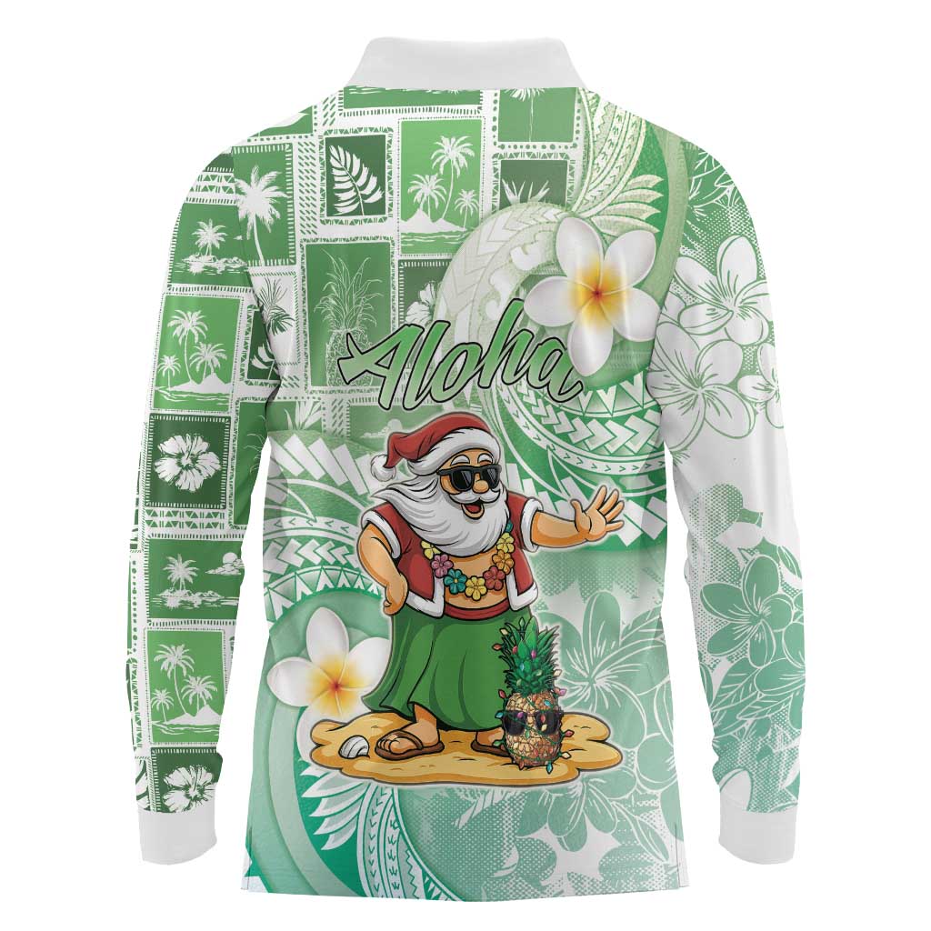 Hawaii Mele Kalikimaka Long Sleeve Polo Shirt Hula Santa Retro Style Green - Polynesian Pride