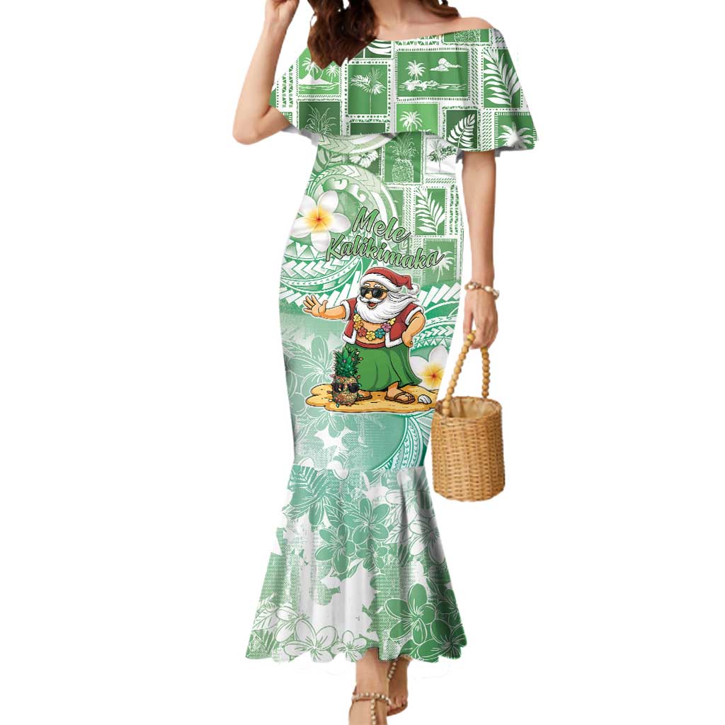 Hawaii Mele Kalikimaka Mermaid Dress Hula Santa Retro Style Green - Polynesian Pride