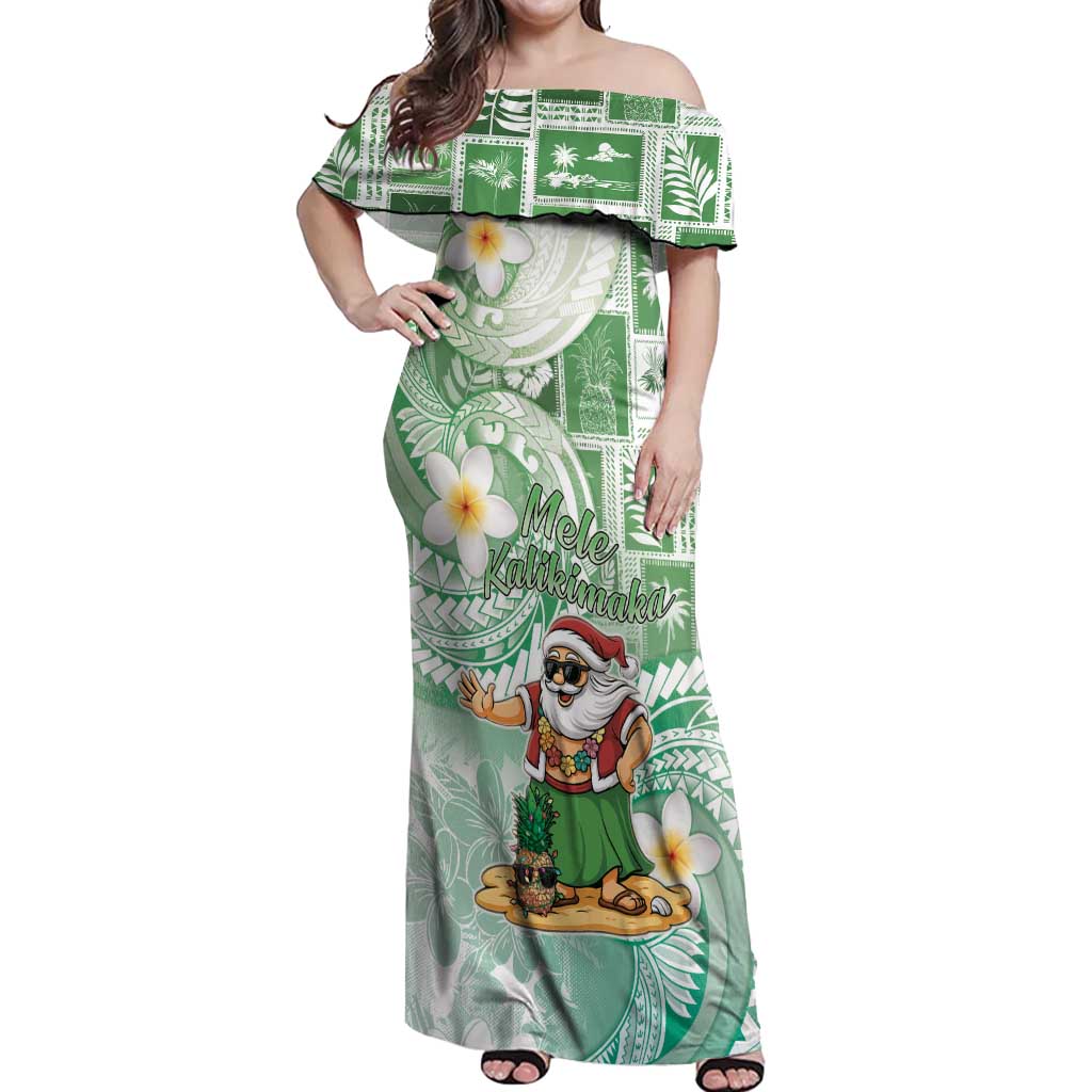 Hawaii Mele Kalikimaka Off Shoulder Maxi Dress Hula Santa Retro Style Green - Polynesian Pride