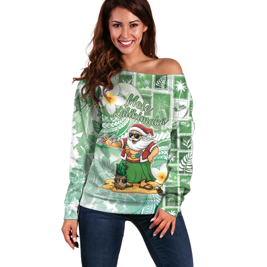 Hawaii Mele Kalikimaka Off Shoulder Sweater Hula Santa Retro Style Green - Polynesian Pride