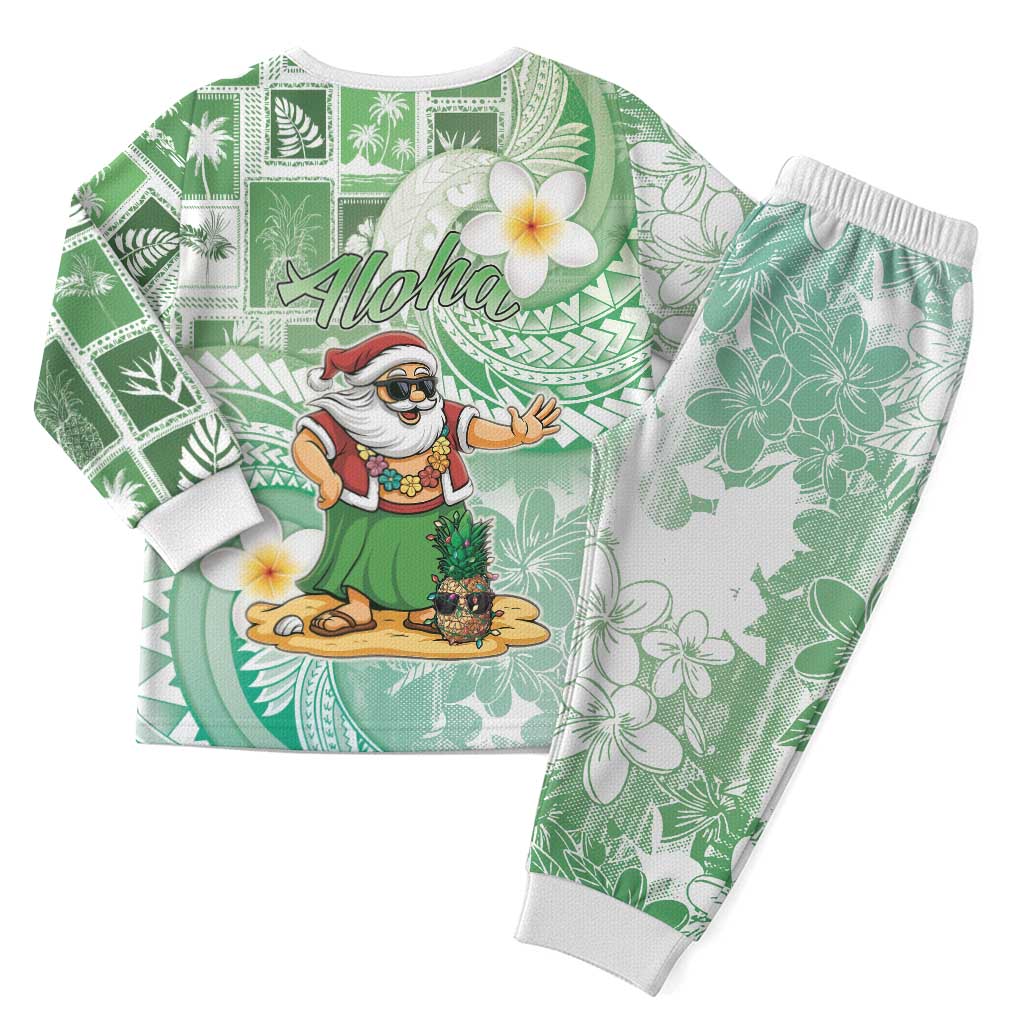 Hawaii Mele Kalikimaka Christmas Pajama Set Hula Santa Retro Style Green - Polynesian Pride
