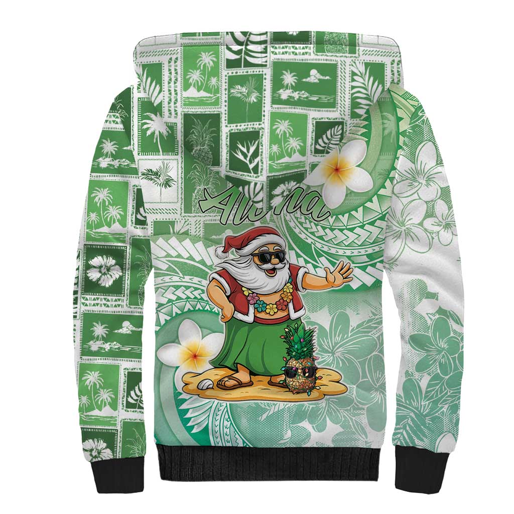 Hawaii Mele Kalikimaka Sherpa Hoodie Hula Santa Retro Style Green - Polynesian Pride