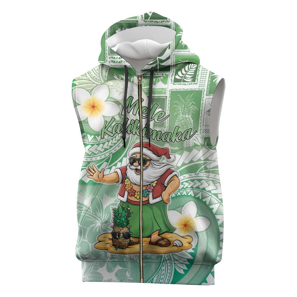 Hawaii Mele Kalikimaka Sleeveless Zip Hoodie Hula Santa Retro Style Green - Polynesian Pride