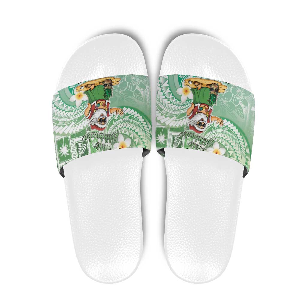 Hawaii Mele Kalikimaka Slide Sandals Hula Santa Retro Style Green - Polynesian Pride