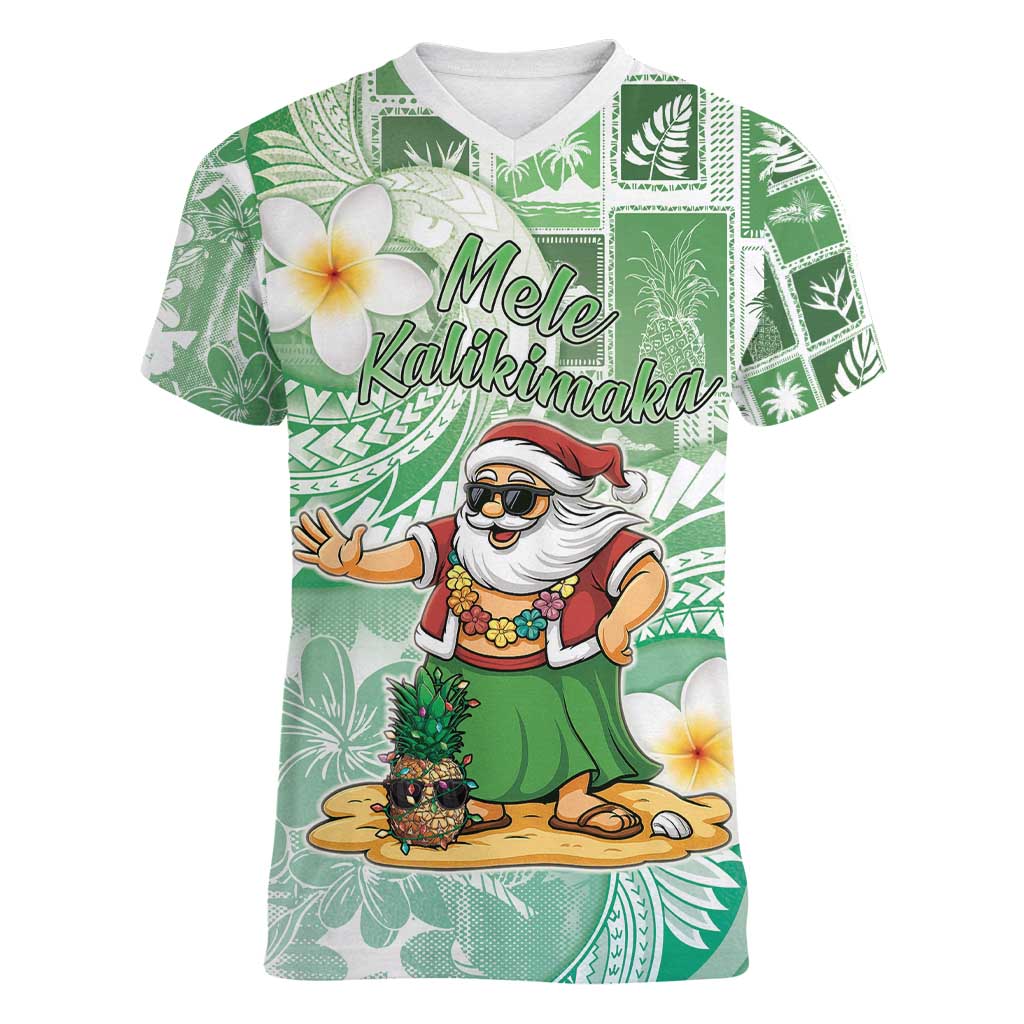 Hawaii Mele Kalikimaka Women V-Neck T-Shirt Hula Santa Retro Style Green - Polynesian Pride
