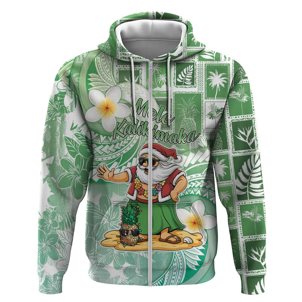 Hawaii Mele Kalikimaka Zip Hoodie Hula Santa Retro Style Green - Polynesian Pride