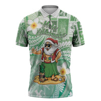 Hawaii Mele Kalikimaka Zipper Polo Shirt Hula Santa Retro Style Green - Polynesian Pride