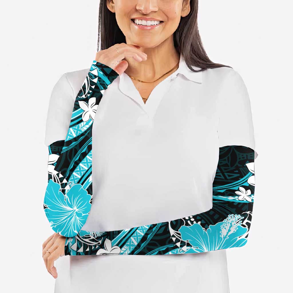 Aqua Polynesian Pattern With Tropical Flowers Arm Sleeves - Polynesian Pride