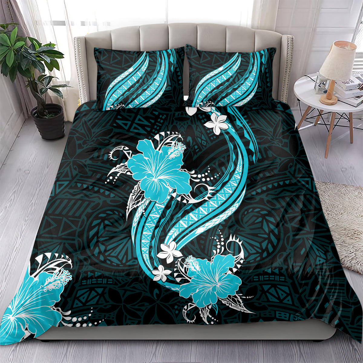 Aqua Polynesian Pattern With Tropical Flowers Bedding Set LT05 - Polynesian Pride