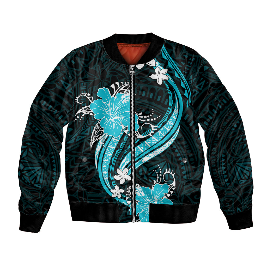 Aqua Polynesian Pattern With Tropical Flowers Bomber Jacket LT05 Unisex Aqua - Polynesian Pride