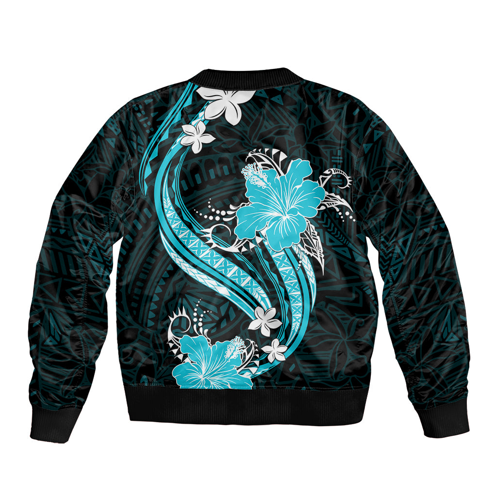 Aqua Polynesian Pattern With Tropical Flowers Bomber Jacket LT05 - Polynesian Pride