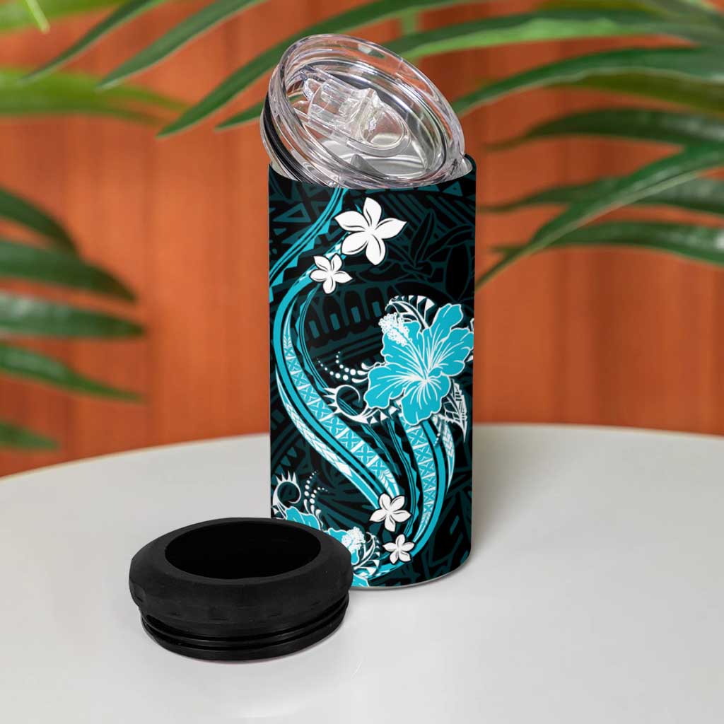 Aqua Polynesian Pattern With Tropical Flowers 4 in 1 Can Cooler Tumbler