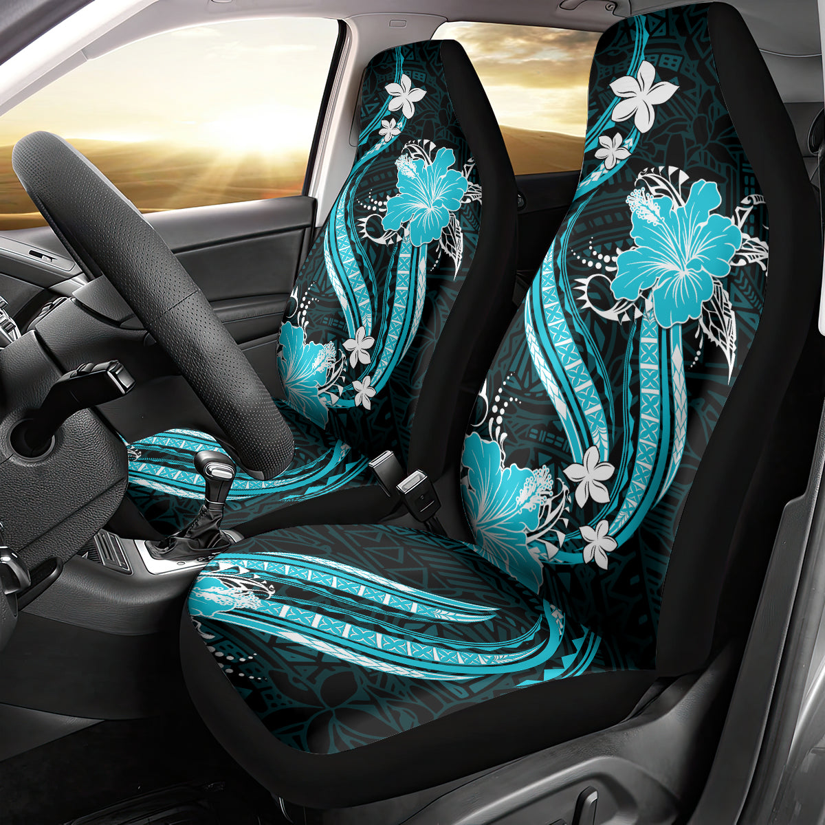Aqua Polynesian Pattern With Tropical Flowers Car Seat Cover LT05 - Polynesian Pride