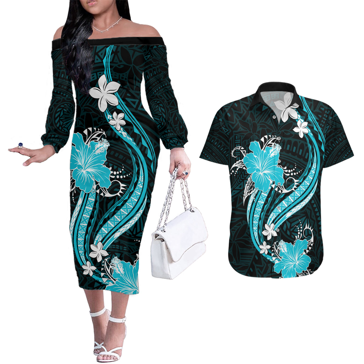 Aqua Polynesian Pattern With Tropical Flowers Couples Matching Off The Shoulder Long Sleeve Dress and Hawaiian Shirt LT05 Aqua - Polynesian Pride