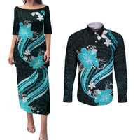 Aqua Polynesian Pattern With Tropical Flowers Couples Matching Puletasi Dress and Long Sleeve Button Shirt LT05 Aqua - Polynesian Pride