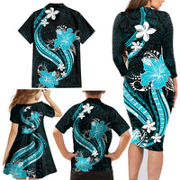 Aqua Polynesian Pattern With Tropical Flowers Family Matching Long Sleeve Bodycon Dress and Hawaiian Shirt LT05 - Polynesian Pride