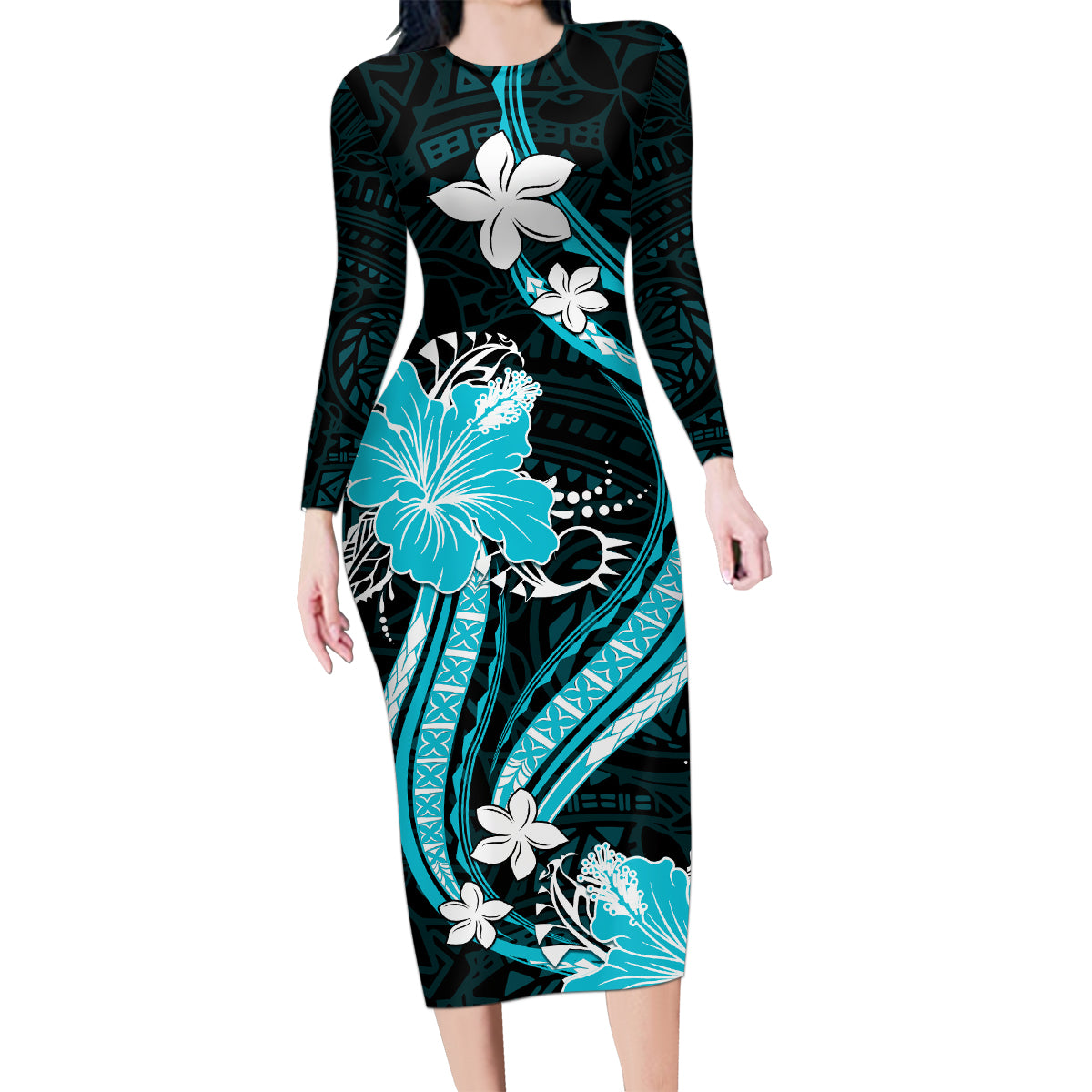 Aqua Polynesian Pattern With Tropical Flowers Family Matching Long Sleeve Bodycon Dress and Hawaiian Shirt LT05 Mom's Dress Aqua - Polynesian Pride