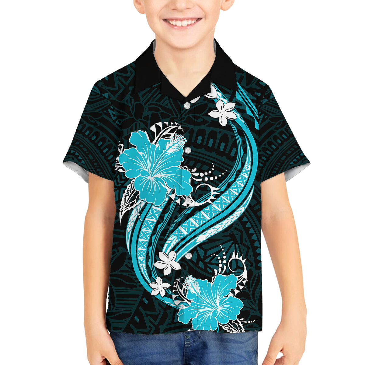 Aqua Polynesian Pattern With Tropical Flowers Family Matching Long Sleeve Bodycon Dress and Hawaiian Shirt LT05 Son's Shirt Aqua - Polynesian Pride