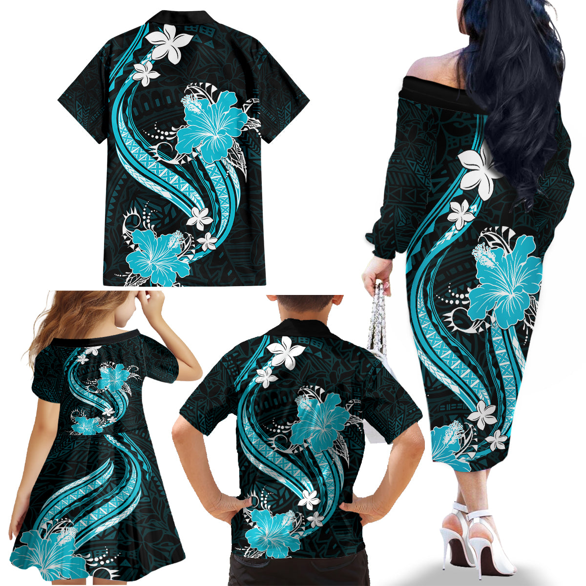 Aqua Polynesian Pattern With Tropical Flowers Family Matching Off Shoulder Long Sleeve Dress and Hawaiian Shirt LT05 - Polynesian Pride