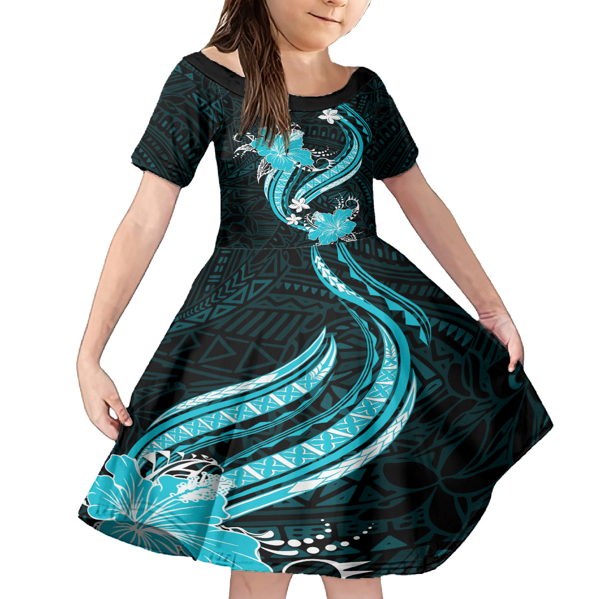 Aqua Polynesian Pattern With Tropical Flowers Family Matching Puletasi Dress and Hawaiian Shirt LT05 Daughter's Dress Aqua - Polynesian Pride