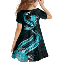 Aqua Polynesian Pattern With Tropical Flowers Family Matching Short Sleeve Bodycon Dress and Hawaiian Shirt LT05 - Polynesian Pride