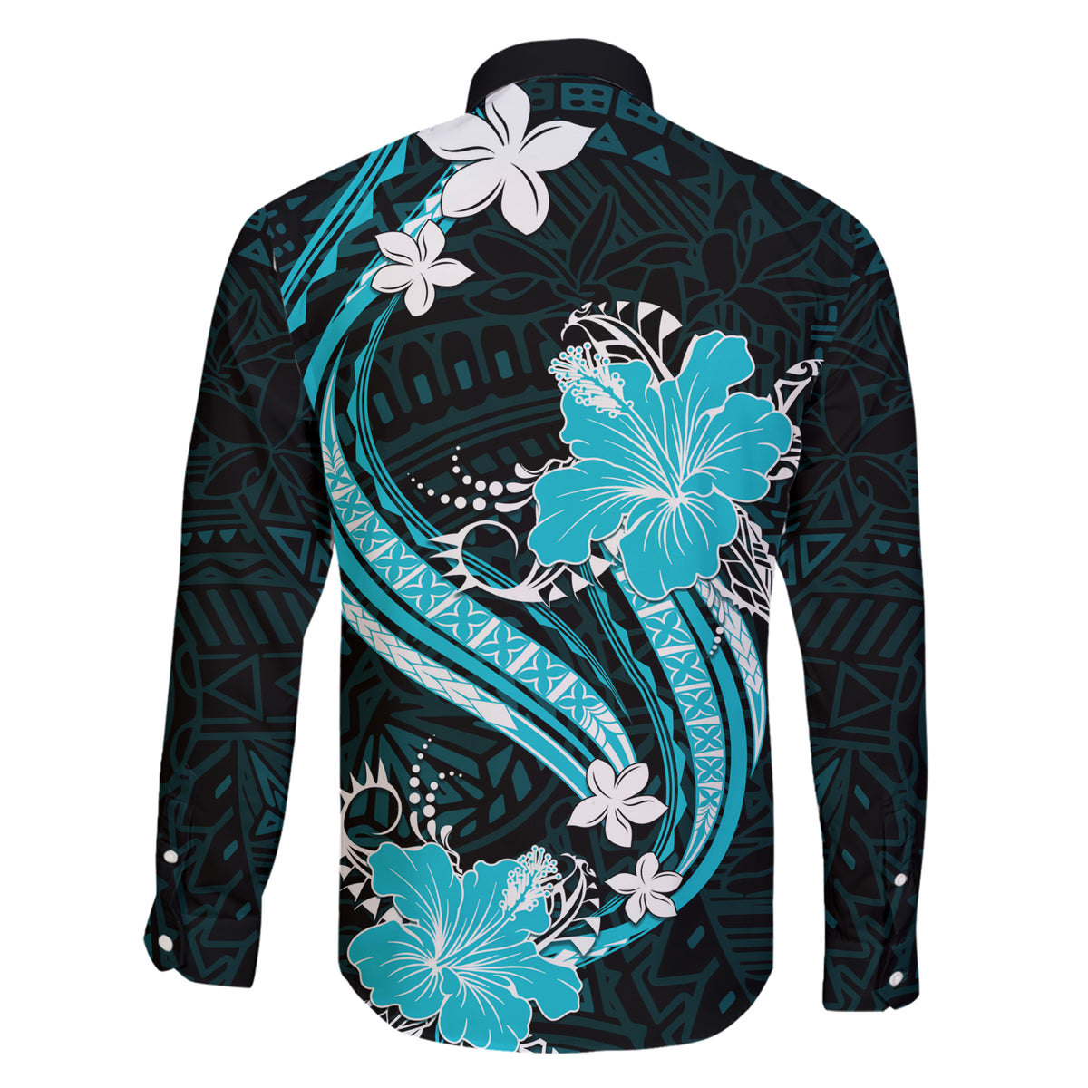 Aqua Polynesian Pattern With Tropical Flowers Family Matching Short Sleeve Bodycon Dress and Hawaiian Shirt LT05 - Polynesian Pride