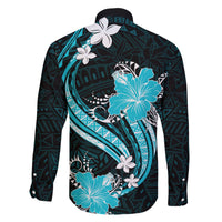 Aqua Polynesian Pattern With Tropical Flowers Family Matching Short Sleeve Bodycon Dress and Hawaiian Shirt LT05 - Polynesian Pride