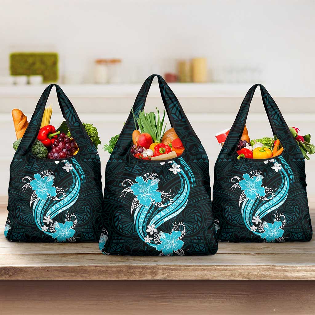 Aqua Polynesian Pattern With Tropical Flowers Grocery Bag LT05 3-pack One Size Aqua - Polynesian Pride