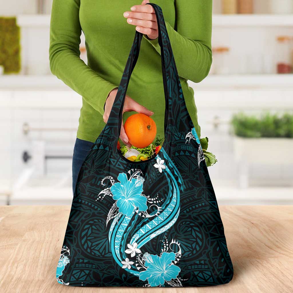 Aqua Polynesian Pattern With Tropical Flowers Grocery Bag LT05 - Polynesian Pride