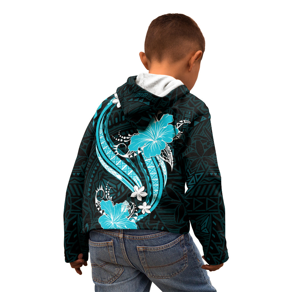 Aqua Polynesian Pattern With Tropical Flowers Kid Hoodie LT05 - Polynesian Pride