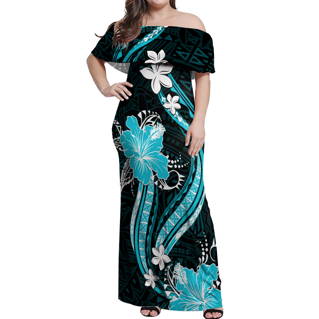 Aqua Polynesian Pattern With Tropical Flowers Off Shoulder Maxi Dress LT05 Women Aqua - Polynesian Pride