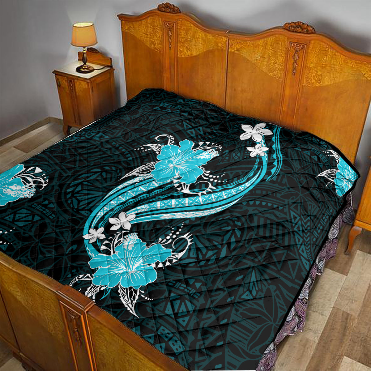 Aqua Polynesian Pattern With Tropical Flowers Quilt LT05 - Polynesian Pride