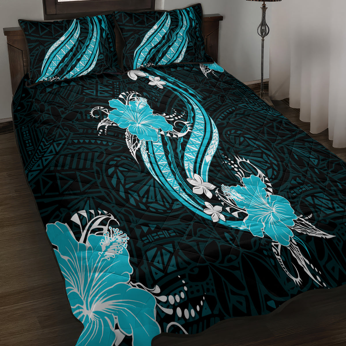 Aqua Polynesian Pattern With Tropical Flowers Quilt Bed Set LT05 - Polynesian Pride