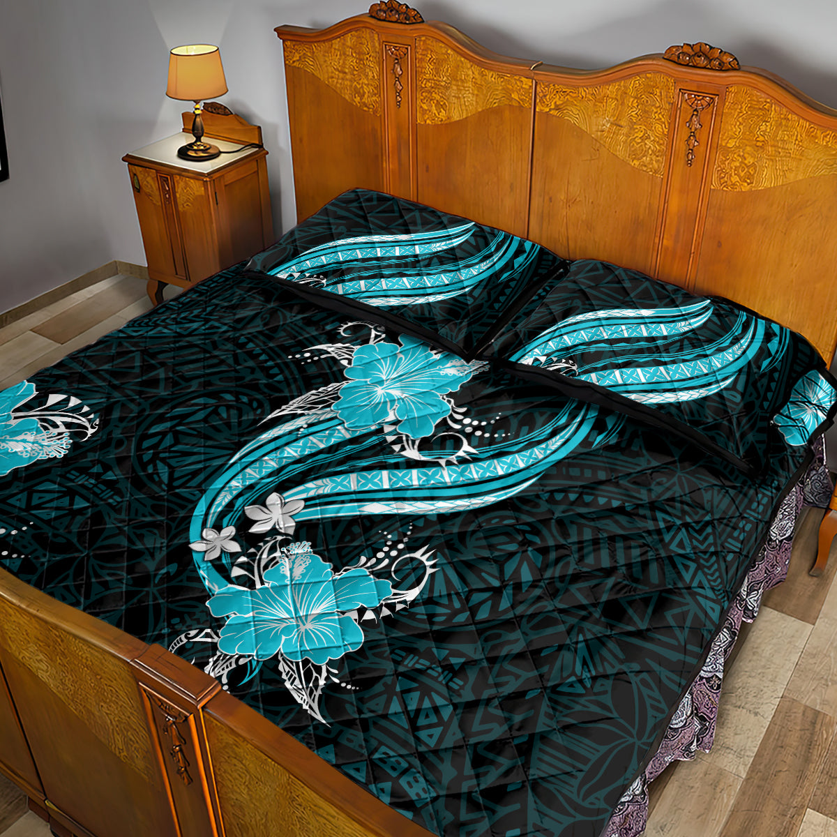 Aqua Polynesian Pattern With Tropical Flowers Quilt Bed Set LT05 - Polynesian Pride
