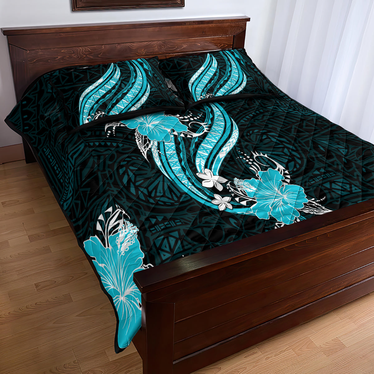 Aqua Polynesian Pattern With Tropical Flowers Quilt Bed Set LT05 - Polynesian Pride