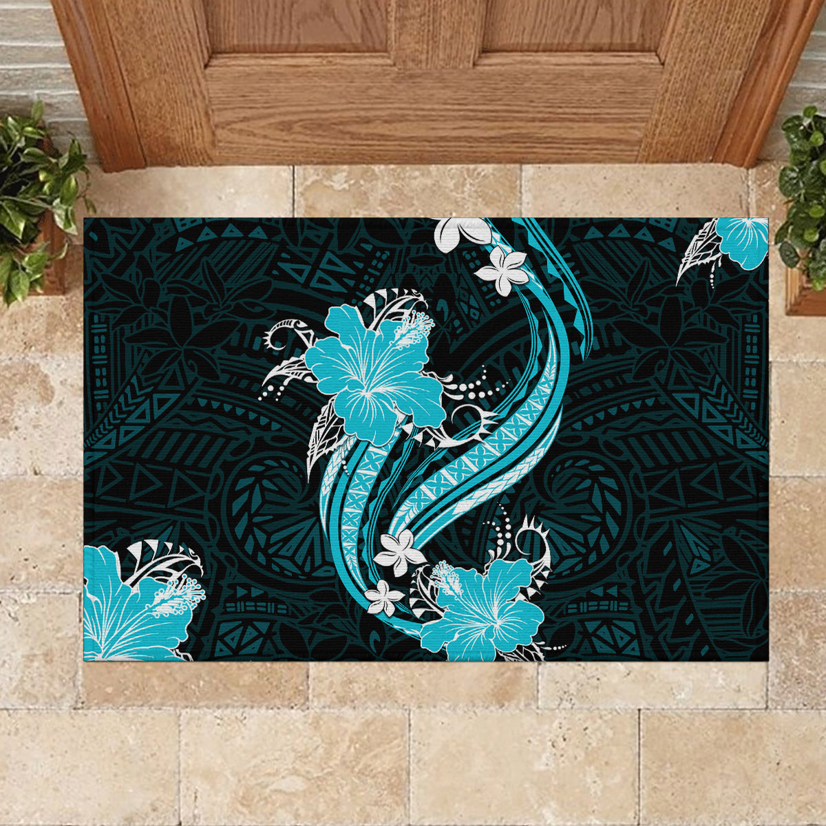 Aqua Polynesian Pattern With Tropical Flowers Rubber Doormat LT05 - Polynesian Pride