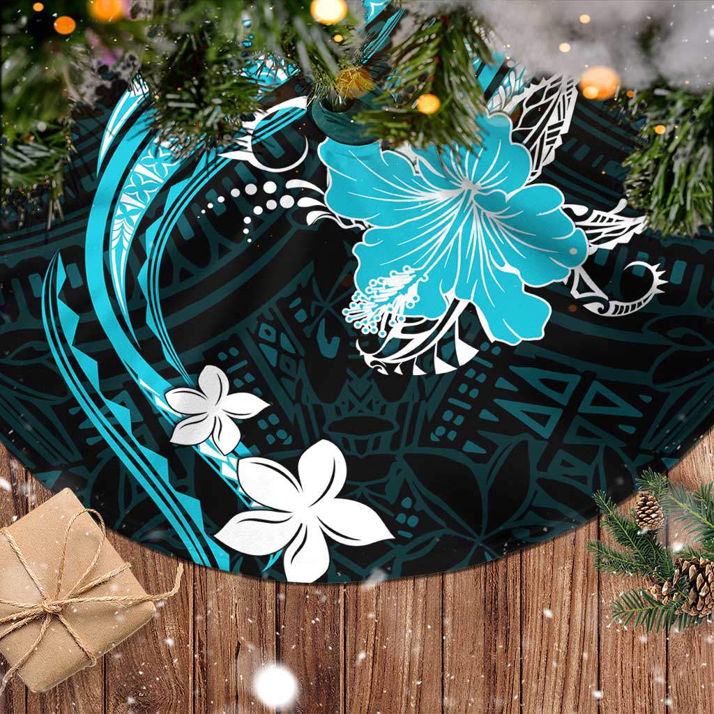 Aqua Polynesian Pattern With Tropical Flowers Tree Skirt LT05 - Polynesian Pride