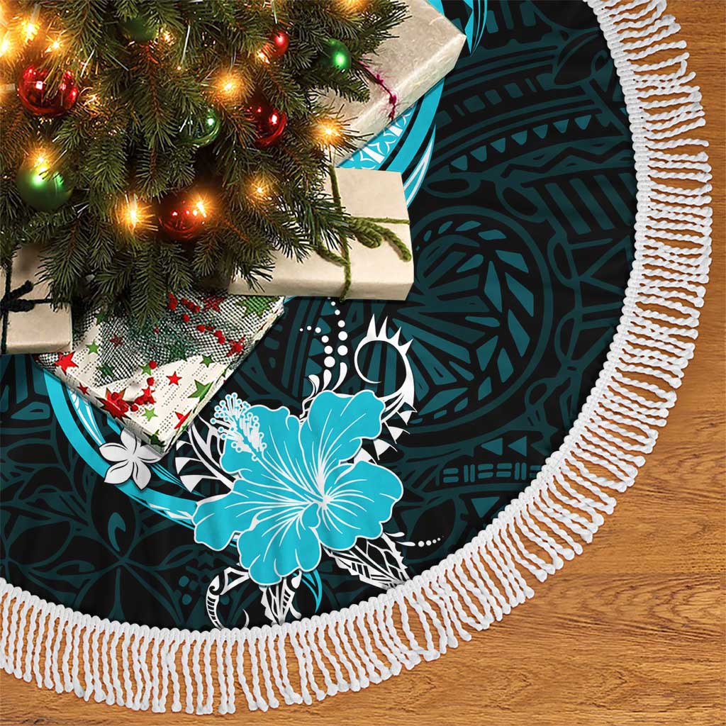 Aqua Polynesian Pattern With Tropical Flowers Tree Skirt LT05 - Polynesian Pride