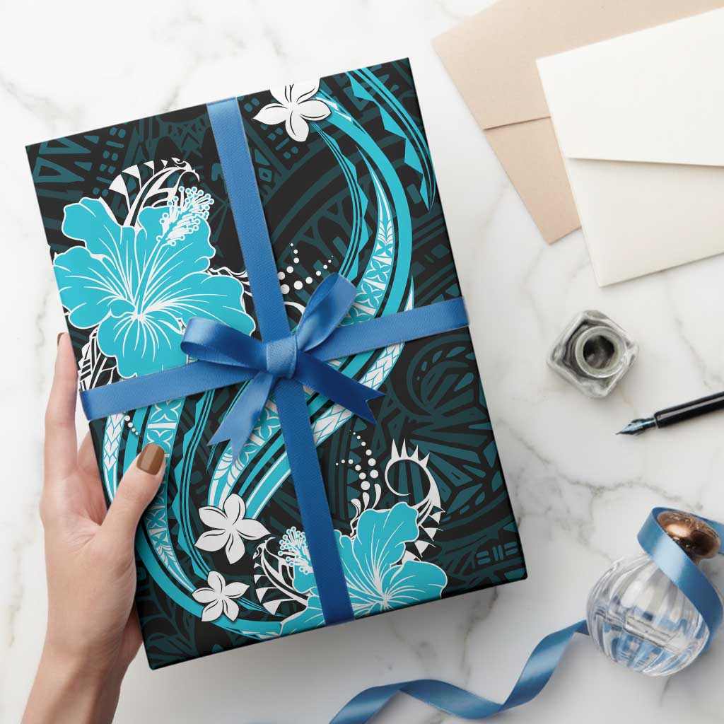 Aqua Polynesian Pattern With Tropical Flowers Wrapping Paper - Polynesian Pride
