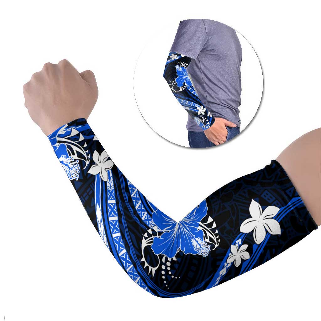 Blue Polynesian Pattern With Tropical Flowers Arm Sleeves - Polynesian Pride