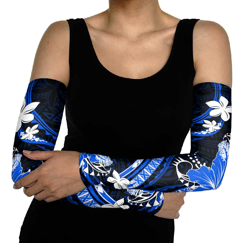 Blue Polynesian Pattern With Tropical Flowers Arm Sleeves - Polynesian Pride