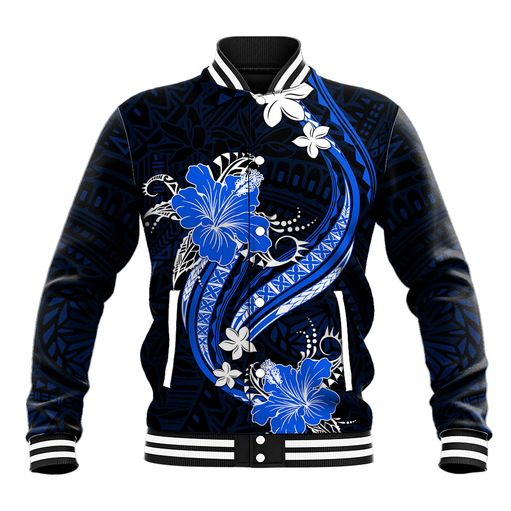 Blue Polynesian Pattern With Tropical Flowers Baseball Jacket LT05 Unisex Blue - Polynesian Pride