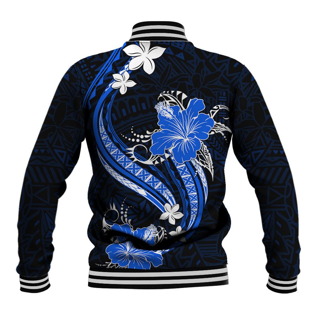 Blue Polynesian Pattern With Tropical Flowers Baseball Jacket LT05 - Polynesian Pride