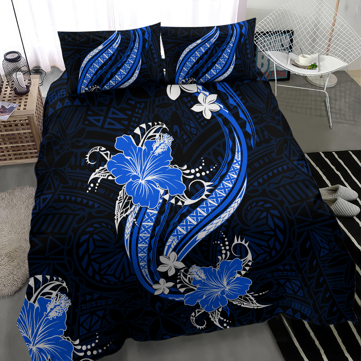 Blue Polynesian Pattern With Tropical Flowers Bedding Set LT05 - Polynesian Pride